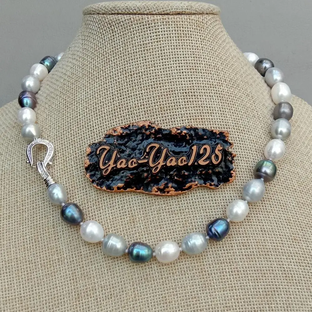 YYGEM Heißer Verkauf! 9x12mm Natürliche Süßwasser-Perlenkette in Weiß, Grau und Schwarz, Gemischte Farben, Reisperlen-Choker-Halskette, 17 Zoll
