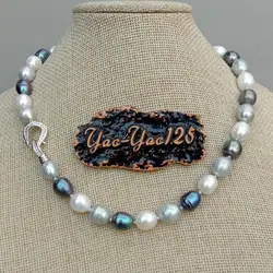 YYGEM hot sale! 9x12mm natural Freshwater White  Gray  Black Rice Pearl Mixed Color Pearl Choker Necklace Necklace 17