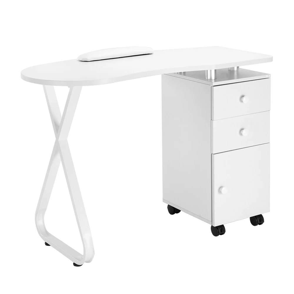 Manicure Nail Salon Table Station Workstation Single Side X Type 2 Drawers 1 Door Ceramic Handle Hand Pillow with Wheels White