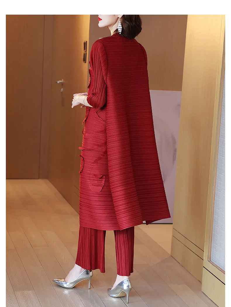 HOT SELLING Miyake Fashion fold  New solid applique dress  +Straight-leg pants suit IN STOCK