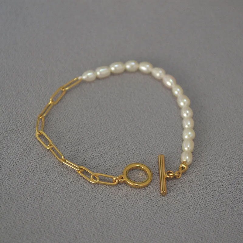 MPB038 French elegant fresh water rice Pearl gold paper clip chain stitching simple temperament fashionable OT clasp bracelet