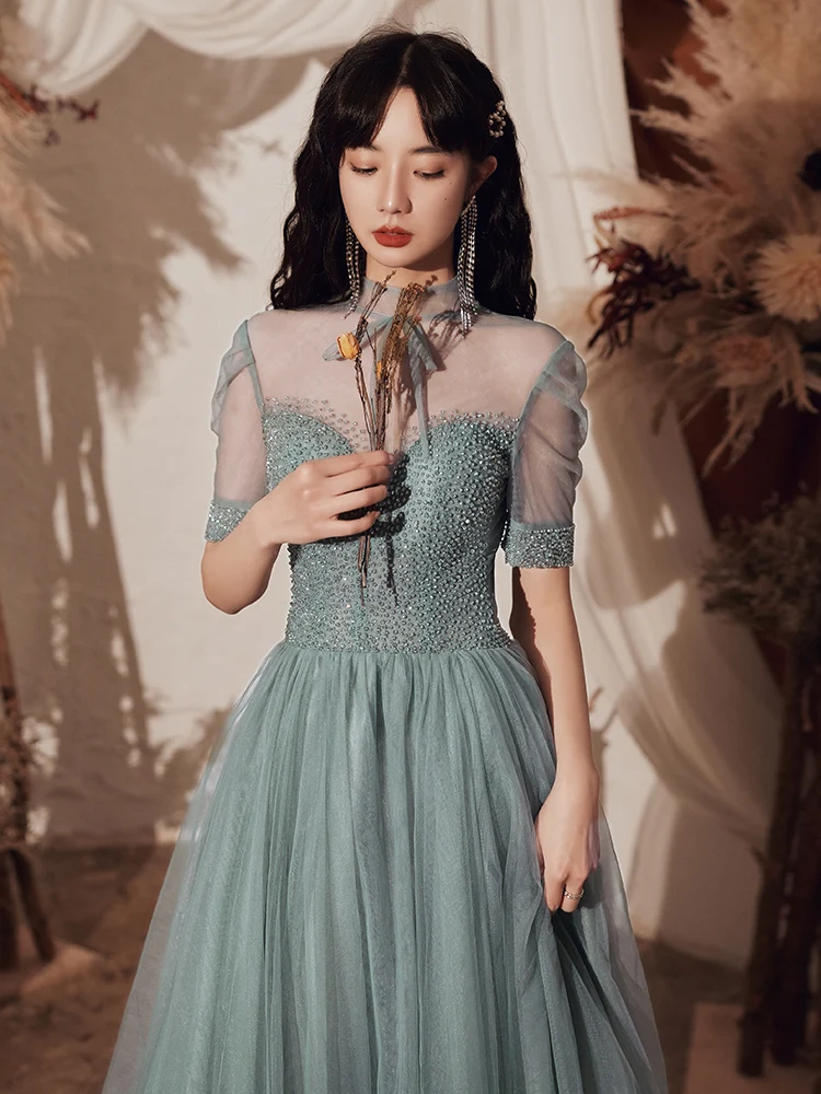 Chic Bowknot Tie Pageant Party Gown Tulle Stand Collar Short Sleeve Evening Dress Vintage Bandage A-Line Host Performance Dress