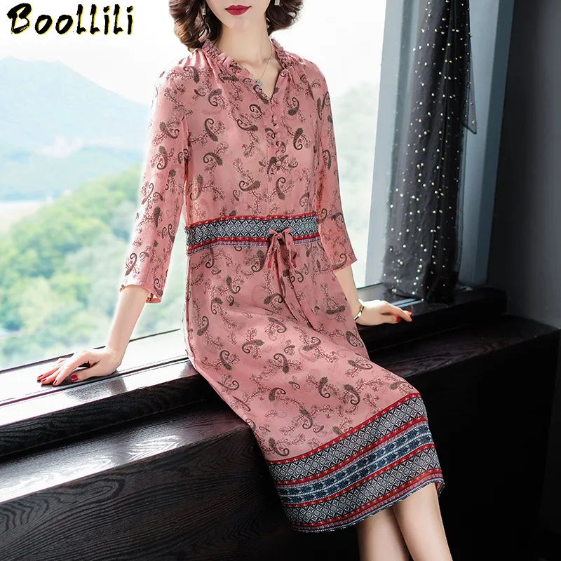 

2023 Summer Boollili 100% Silk Dress Women Pink Floral Midi Boho Dress Elegant Beach Ladies Dresses Vintage Vestidos De Festa