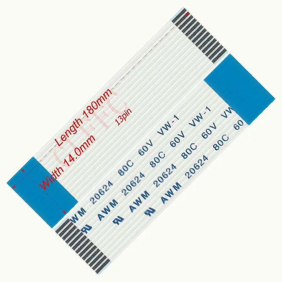 13pin 1.0pitch 180mm-1500mm B-type Flexible Flat Cable FFC awm 20624 ROHS for TTL LCD DVD Computer