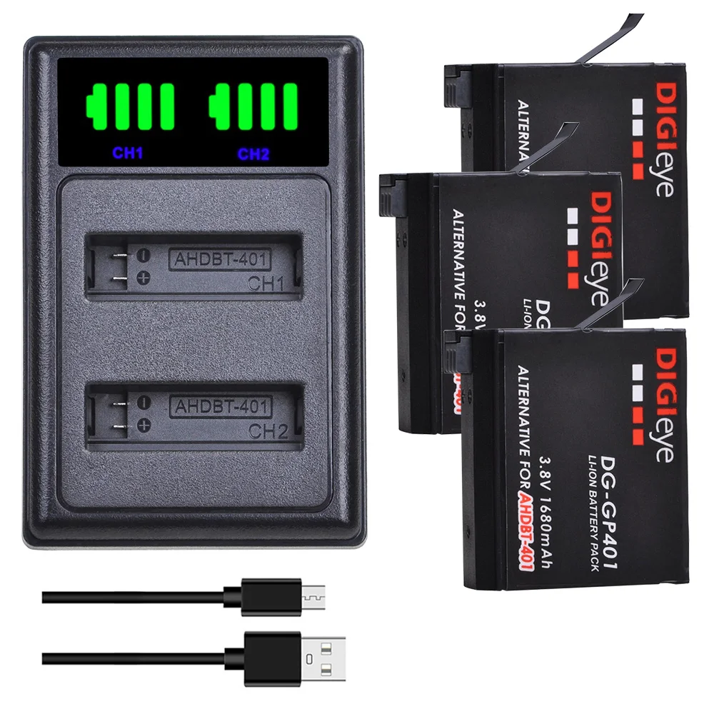 1680mAh AHDBT-401 Battery + LED Dual Charger for Gopro Hero 4 Batteries Gopro Hero 4 Silver, Hero 4 Black