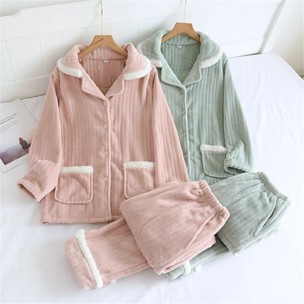 New Coral Fleece Pajamas Women's Autumn And Winter Long-Sleeved Home Furnishing Clothes Flannel Thickened Plus Velvet Warm Suit