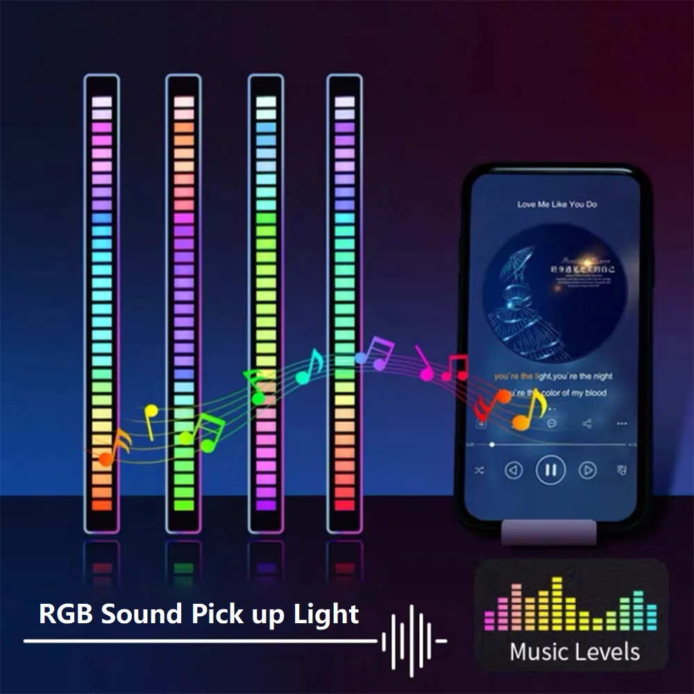 RGB LED Light Bar Voice Control Music Audio Level Indicator Pickup Rhythm for Car Player Atmosphere Bedroom Ambient Lighting