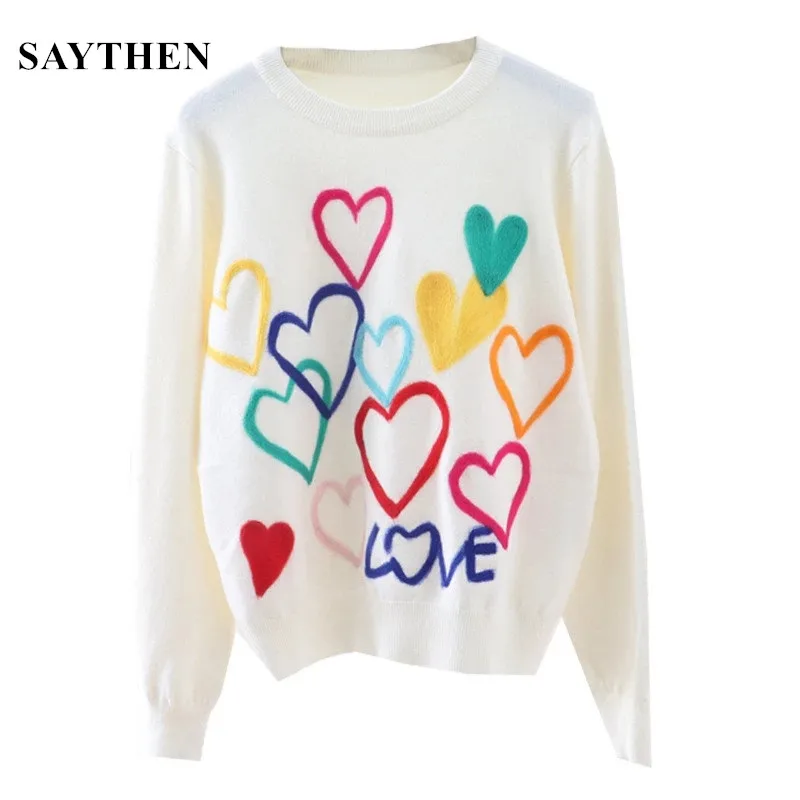 SAYTHEN 2022 Spring Women Lovely Sweater O-Neck Colorful Candy Color Heart Embroidery Knitwear Slim All-Match Pullover Femme