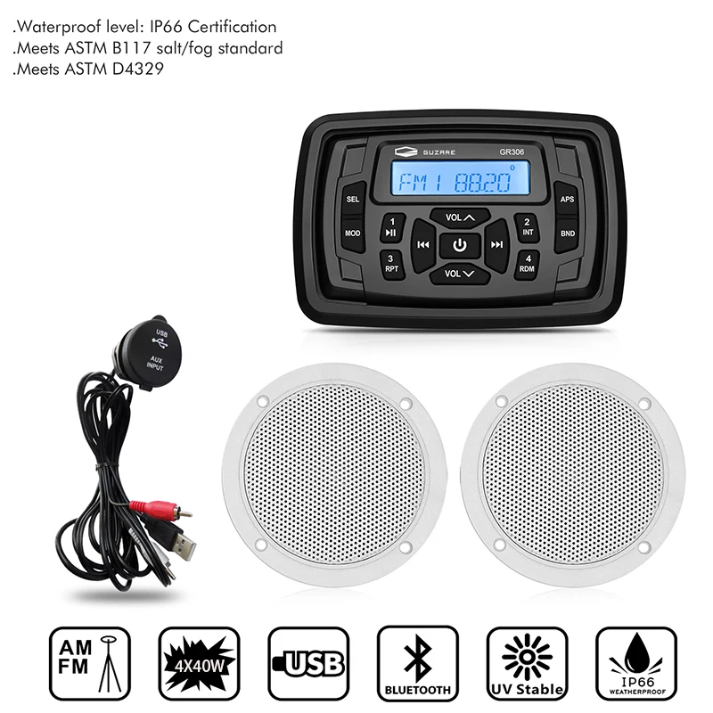 

Marine Bluetooth Stereo Audio System Radio FM AM Receiver MP3 Player+4inch Waterproof Marine Speakers+Boat USB Extension Cable