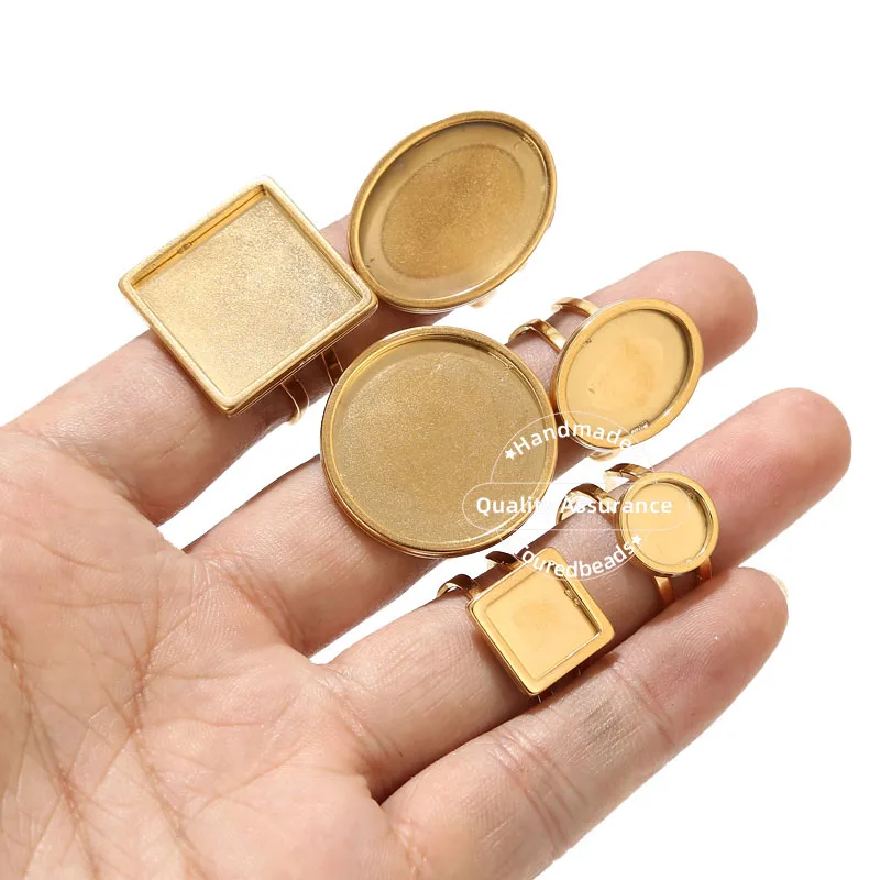 4 szt. Okrągły owalny kwadrat ze stali nierdzewnej złoty Cabochon ustawienia pierścienia DIY Bezel Blanks pierścionki komponenty ustalenia do tworzenia biżuterii — zdjęcie 3
