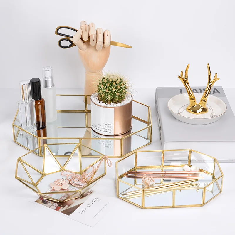 Luxury Glass Storage Tray Gold Tray Jewelry Cosmetic Organizer Box Decoration Retro Copper Case Makeup Box Northern Europe