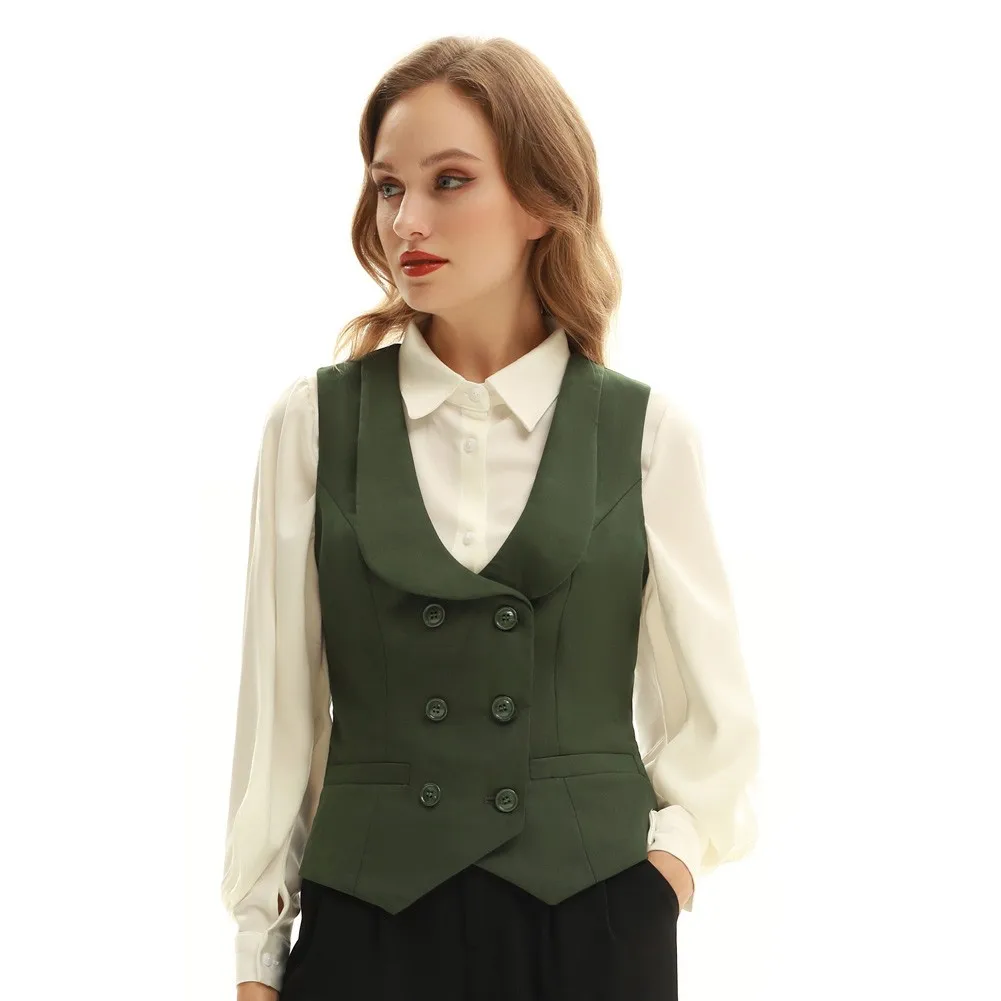 Pepper Poque-Gilet vintage à double boutonnage pour femme, col en V profond, ourlet mouchoir, col à revers, poche