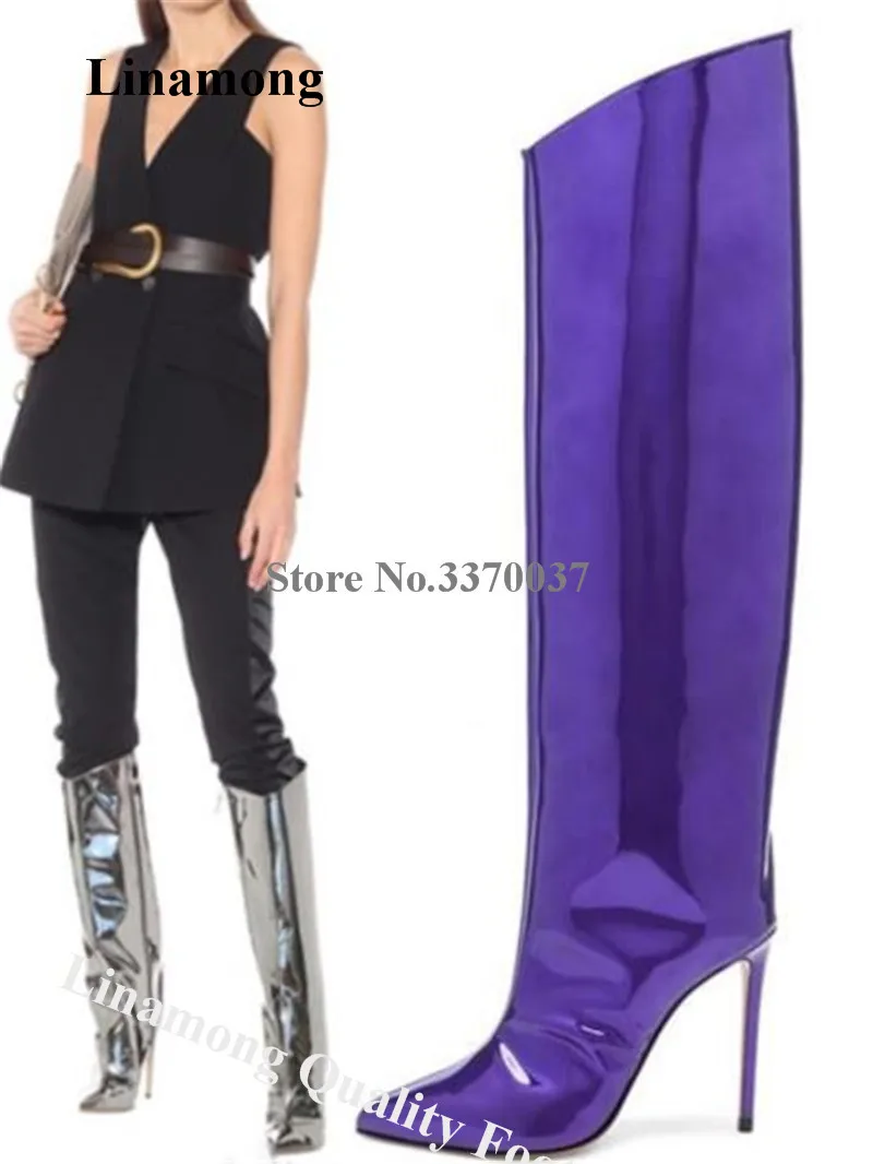 Linamong Newest Shining Patent Leather Knee High Stiletto Heel Boots Silver Purple Slim Long High Heel Boots Party Heels