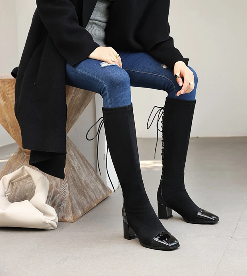 Fashion Autumn Winter Boots Women Square toe Cross Tied Knee High Heels Shoes High Quality Pu Leather Flock Long Boots  670