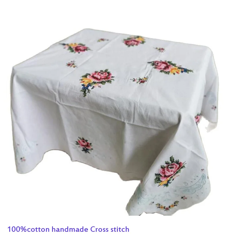 Handmade Rose flower Cross stitch cotton white table cover cloth Christmas tablecloth wedding Table decoration and accessories