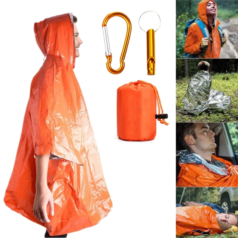 

Emergency Blanket Aluminum Film Poncho Raincoat Outdoor Survival Tool Warmer Blanket With Whistle Camping Equipment Survival Kit