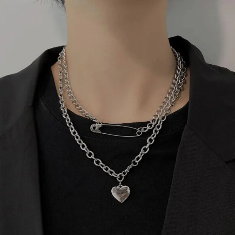 IGIRL Indie Layered Chain Necklace pin Heart  Neck Chains For Women Punk Choker collar Goth Jewelry Grunge Aesthetic Accessories