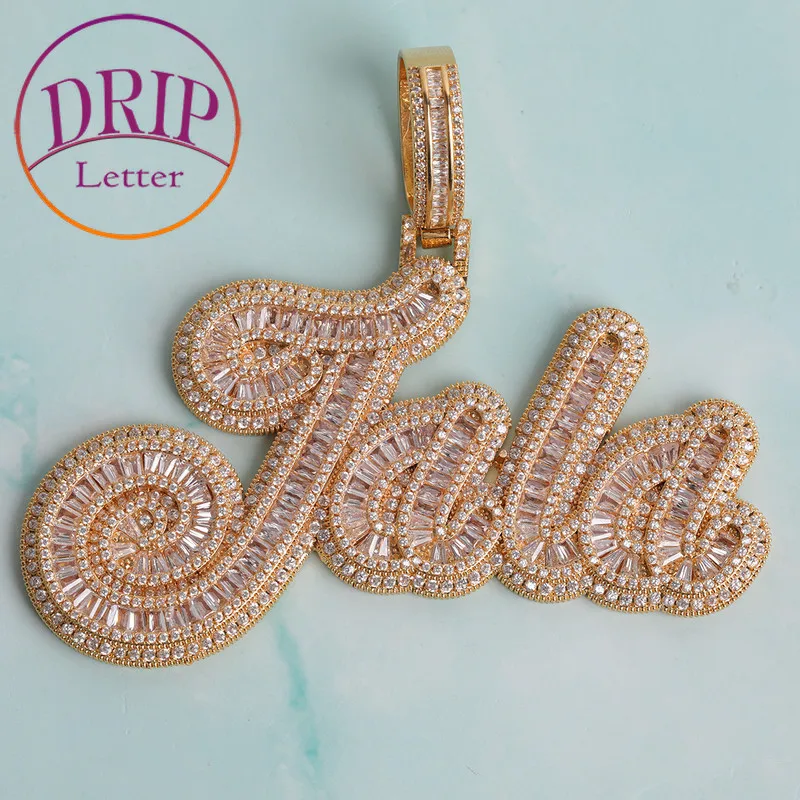 

Drip Letter Custom Name Necklace for Men Brush Cursive Letter Pendant Micro Paved CZ Personalized Hip Hop Fashion Jewelry Charms