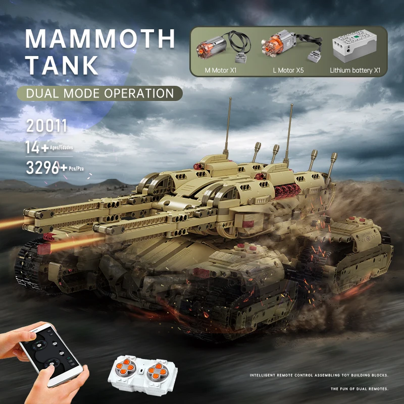 MOULD KING 20011 High-Tech App Remote Control Military Car MOC Mammoths Tank Model Building Bricks Toys For Kids Christmas Gifts