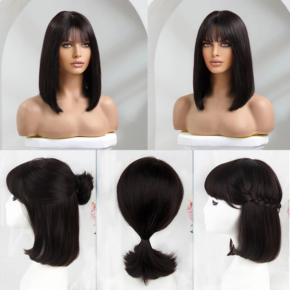 Wig Rambut Manusia Bob Lurus dengan Poni Mesin Penuh Wig Dibuat untuk WANITA 14 Inci Rambut Alami Panjang Wig Bob Rambut Manusia