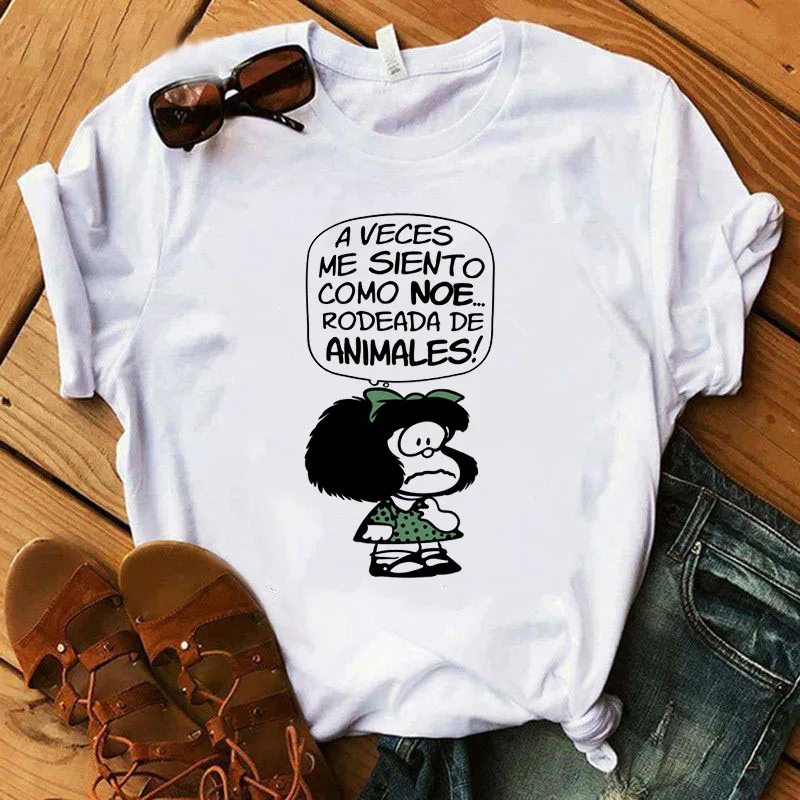 2021 جديد تي شيرت المرأة مضحك الكرتون باز Mafalda أو كويرو مقهى قميص مطبوع تي شيرت الإناث Harajuku عادية الأبيض المحملة الملابس