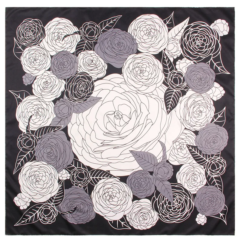 Manual Hand Rolled Twill Silk Scarf Women Floral Print Square Scarves Wraps Echarpe Curled Foulards Femme Bandana Hijabs 90CM