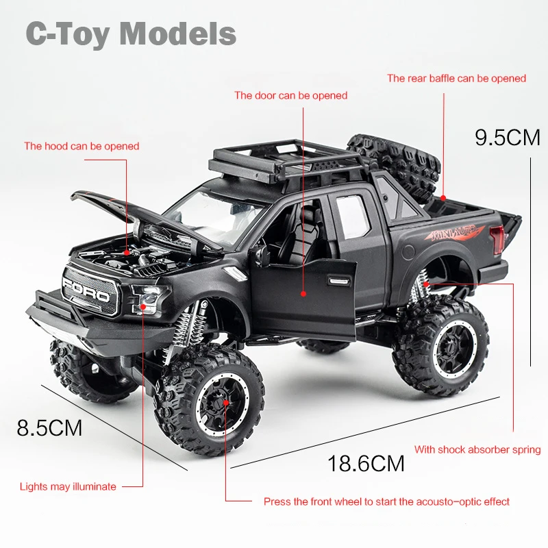 New 1:32 Ford Raptor F150 Big Wheel Alloy Diecast Car Model With With Sound Light Pull Back Car Toys For Children Xmas Gifts