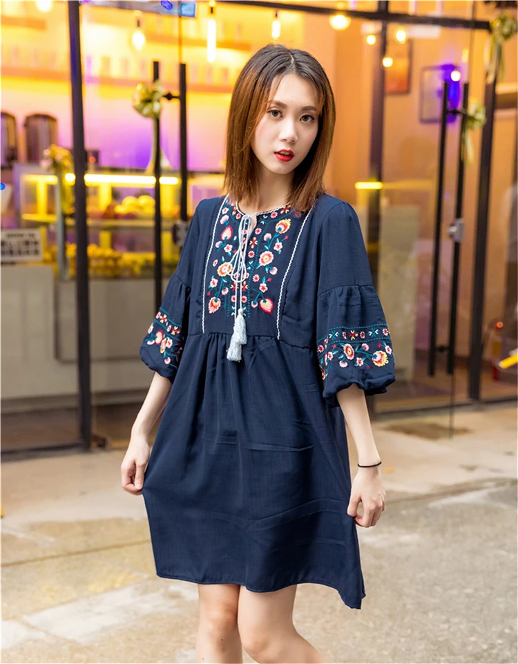 Women Vintage Floral Embroidery Dresses Bow Tie Lantern Long Sleeve Casual Brand Loose Pleated Dresses Elegant Boho Dress