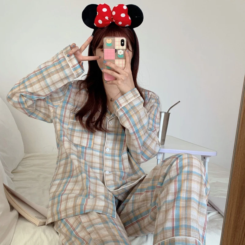 Elvoegirl Cute Grid Girls Pajamas Set Korean Autumn Winter New Long Sleeve Leisure Sleepwear Women Loose Nightwear Homewear Suit