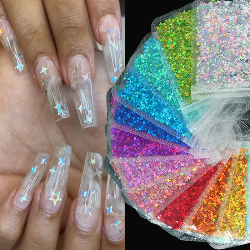 3D Holographic Nail Star Sequins Glitter Colored Four-pointed Stars Laser Nail Glitter Sequins Nail Art Decoration Accessories