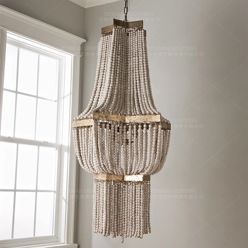 

Large Wood Fringe Chandelier Beaded Lighting Vintage Loft Farmhouse Hanging Light Nordic Antique Wood Chandelier Kitchen Light