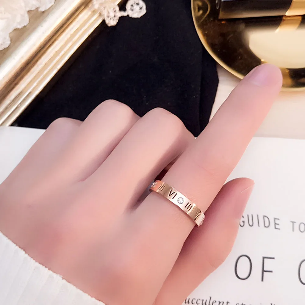 Stainless Steel CZ Roman Numeral Ring for Women Girls,Rose Gold Plated With Crystal