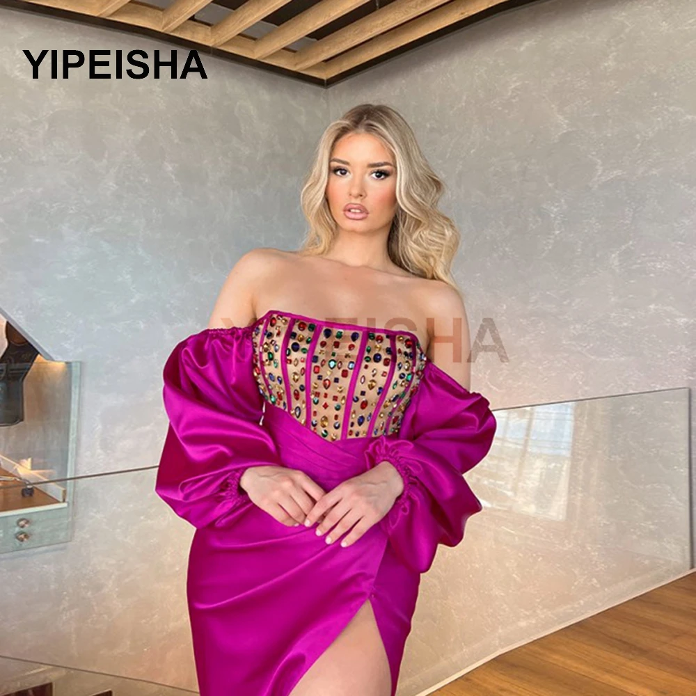 بلا حمالة قبالة الكتف كم طويل فساتين سهرة الجبهة عالية انقسام الكريستال حفلة موسيقية ثوب vestidos دي فييستا فساتين السهر