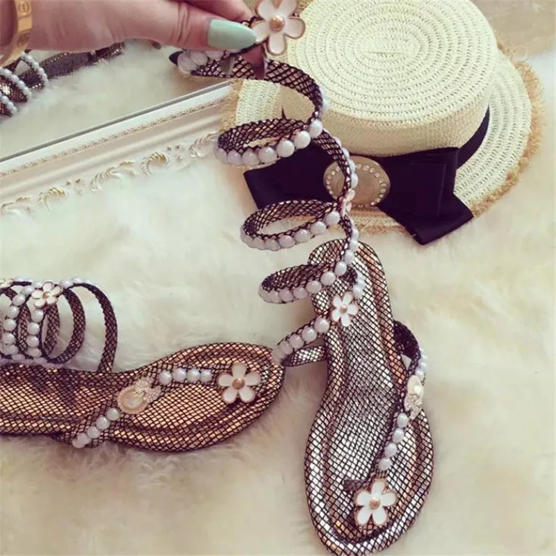 New Arrive Snake Women Summer Shoes women sandals Pearl Flowers Around Women Gladiator Sandal women Boots 34--41