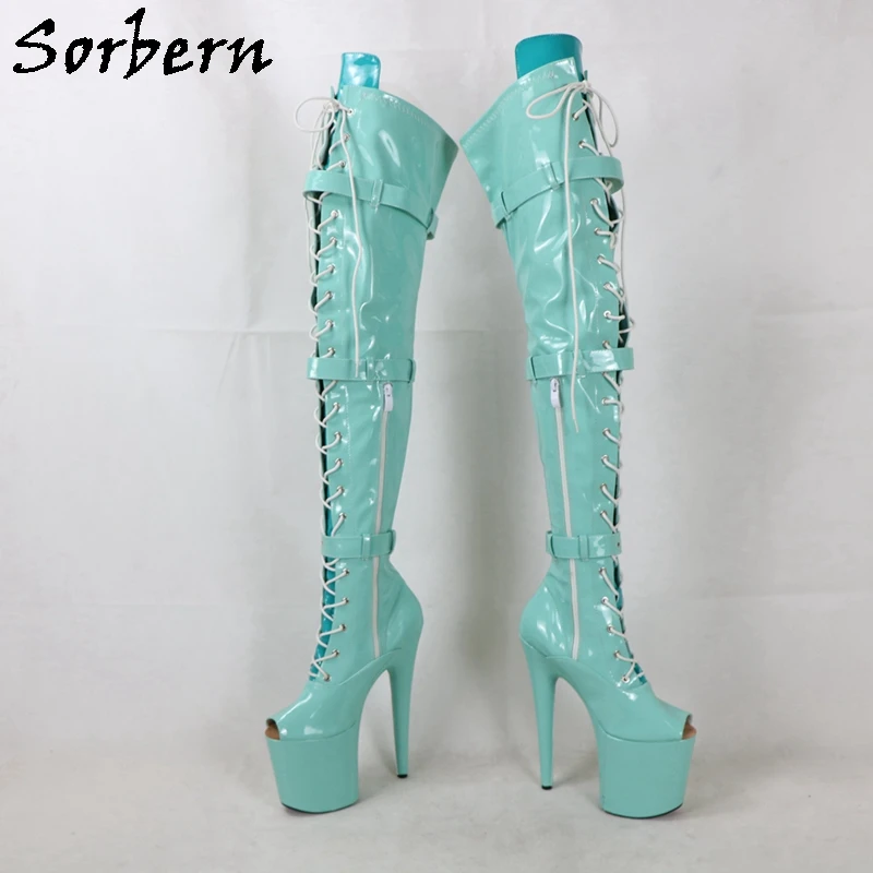 Sorbern hortelã verde patente botas mulheres peep toe meados da coxa alta sobre o joelho 20cm saltos altos extremos para pole dancer unisex