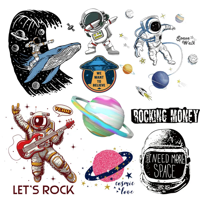 Cartoon Planet Astronaut Applique Heat Thermal Transfer For Clothing Stickers Rocket Spaces Patch Iron-on Transfers For Clothes