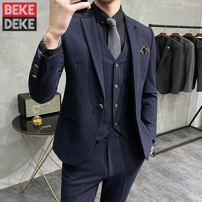 Formal Men 3PCS Set Blazer Vest Pants Wedding Groom Dress Suits Slim Fit Vintage Striped Office Work Man Sets Costume Homme