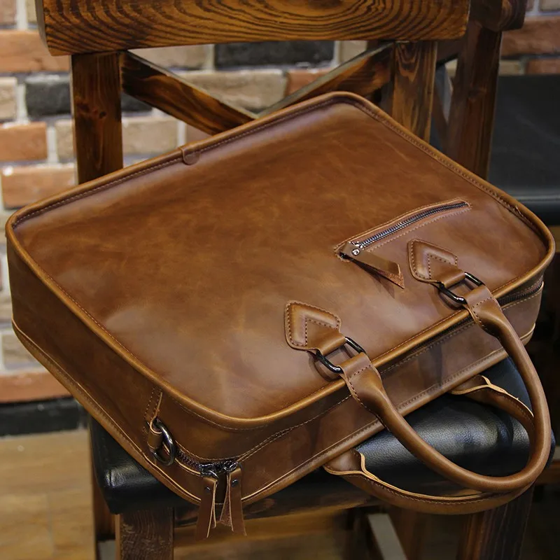 Men Vintage Briefcase handbag Crazy Horse Pu Leather 13inch Big Laptop Bags Business  Brown Messenger Shoulder Bag Man