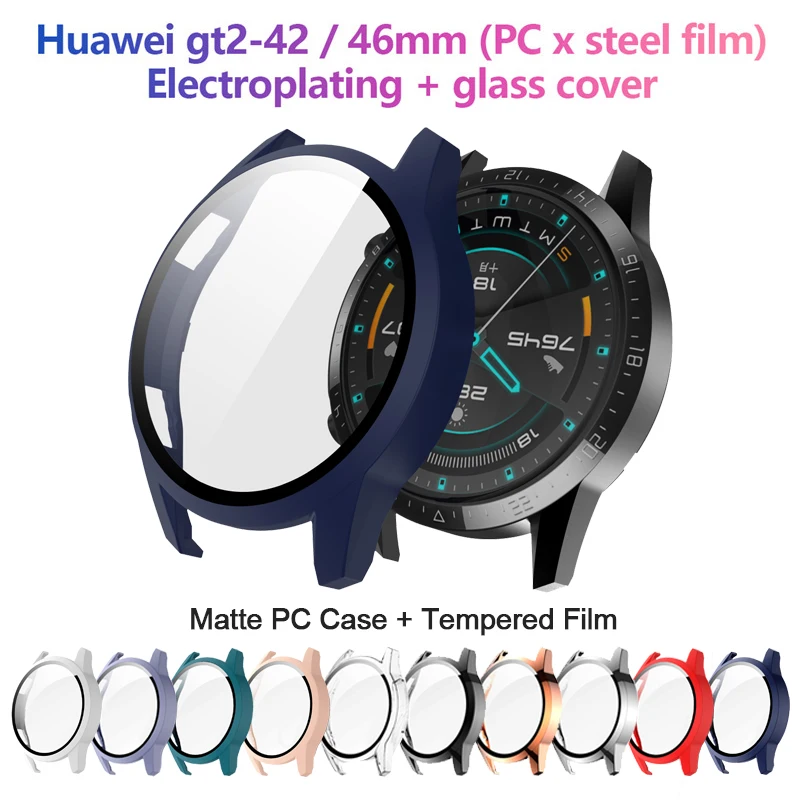 2\'si 1 arada, Huawei Watch GT2 Mat PC Kasa + Temperli film entegre Kılıf Koruma Kapağı GT2 Kılıfı 46mm/42mm için uygundur