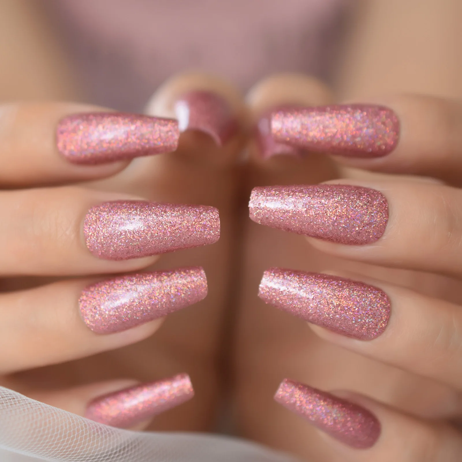 Holo Rose Roze Roos Glitter Ballerina Doodskist Valse Nail Fairy Laser Sequin Druk Op Ballet Nep Nagels Tip Herbruikbare Dragen voor Meisje