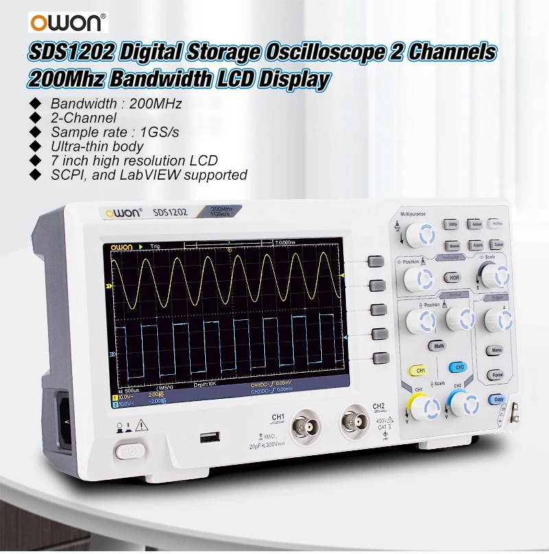 OWON SDS1102 SDS1202 Oscilloscope 2-Channel Digital Oscilloscopes 100MHZ Bandwidth 1GS/s High Accuracy Oscilloscope