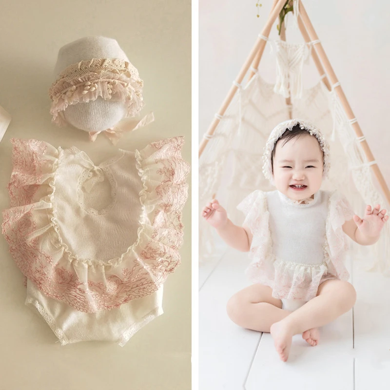 Newborn Girl Photo Dresses Romper Lace Princess Dress Hat Sets Baby Infant Souvenir PIcture Clothing 0-3 Months Photo Cotumes