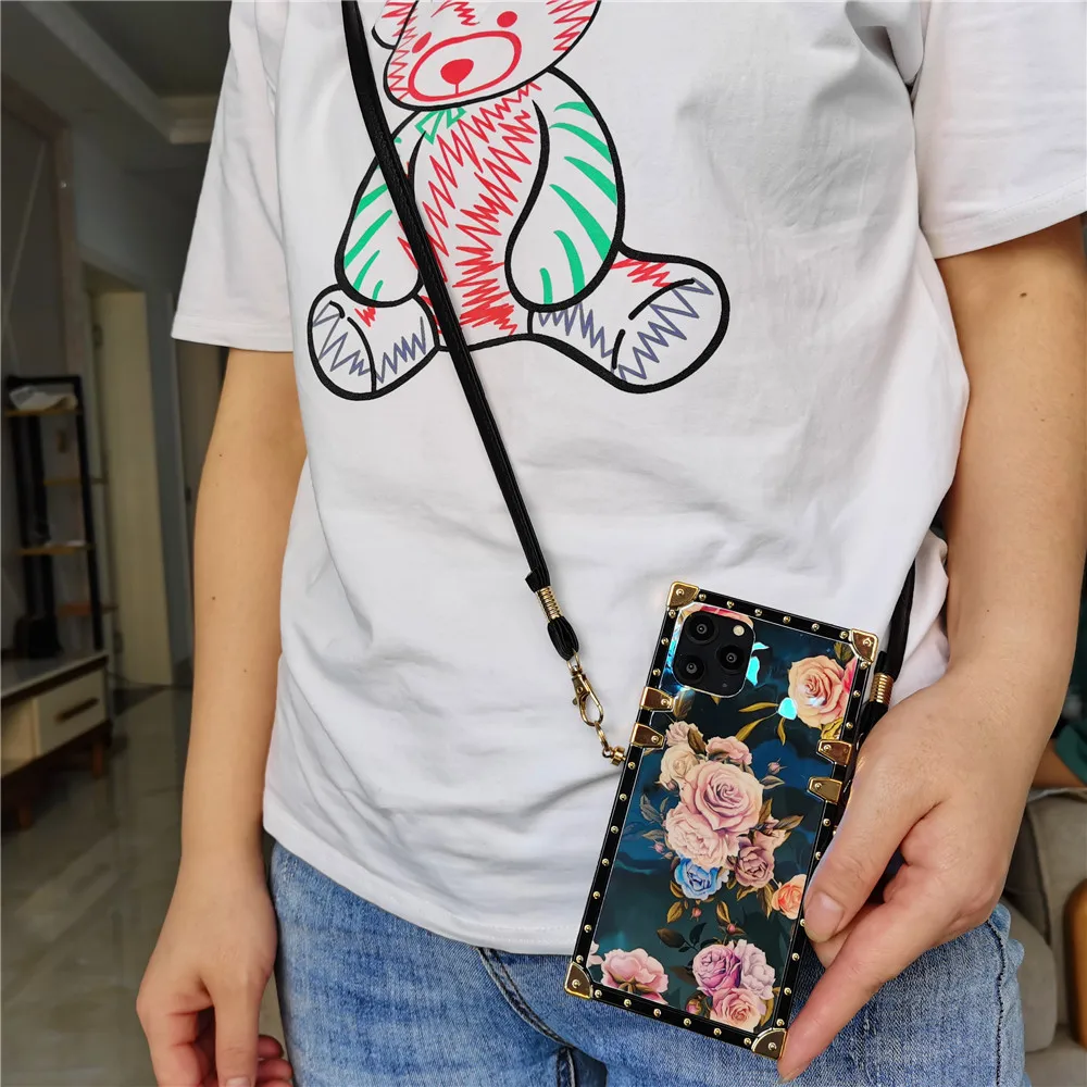 Luxury Floral Flower Woman Cover Rope Lanyard Case for Samsung Galaxy S24 Ultra S22 Plus S21 S23 FE S10 S20 S9 Note 20 10 9 8