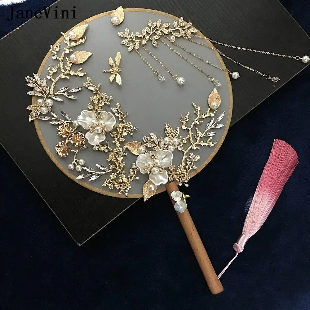 

JaneVini новый роскошный китайский золотой свадебный ручной Букет из бисера Тип веера ручной работы Цветы Жемчуг металлический круглый веер свадебные аксессуары
