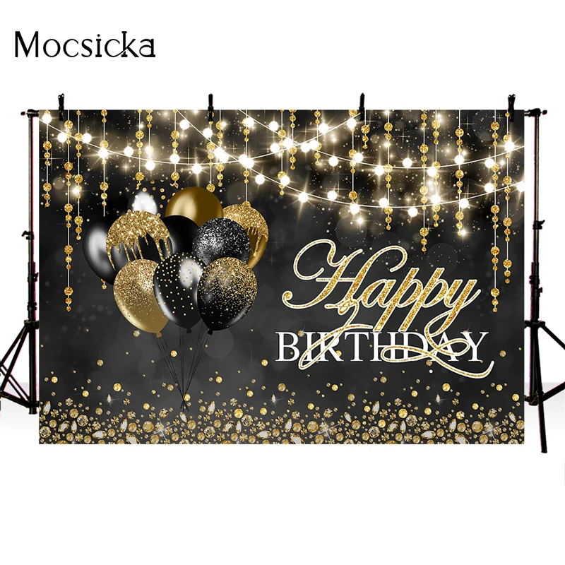 Mocsicka Happy Birthday Backdrop Shiny Black And Gold Balloon Background String Lights Tassel Decor Photography Banner