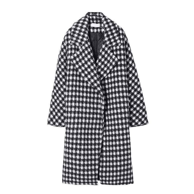 

Autumn Winter Mid-Long Woolen Coat Women 2023 New Fashion Houndstooth Plaid Outerwear Suit Collar Long Sleeve Jacket Female