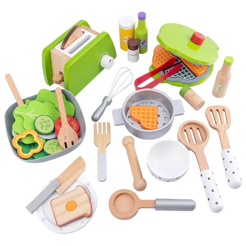 Cocina de juguete de simulación de madera, máquina de café, tostadora, exprimidor, juguetes educativos de aprendizaje temprano para bebés, regalo