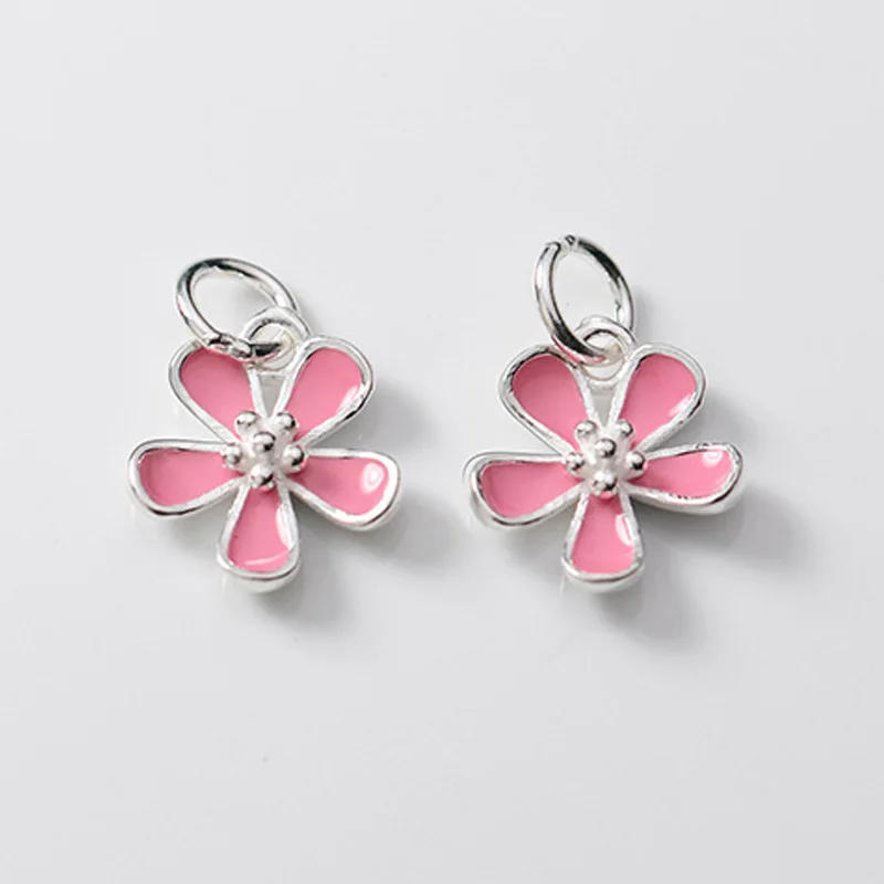 

925 Sterling Silver Pink Dripping Glue Pretty Flower Charms Filve-petals Necklace Silver Pendants For Women DIY Jewelry Making