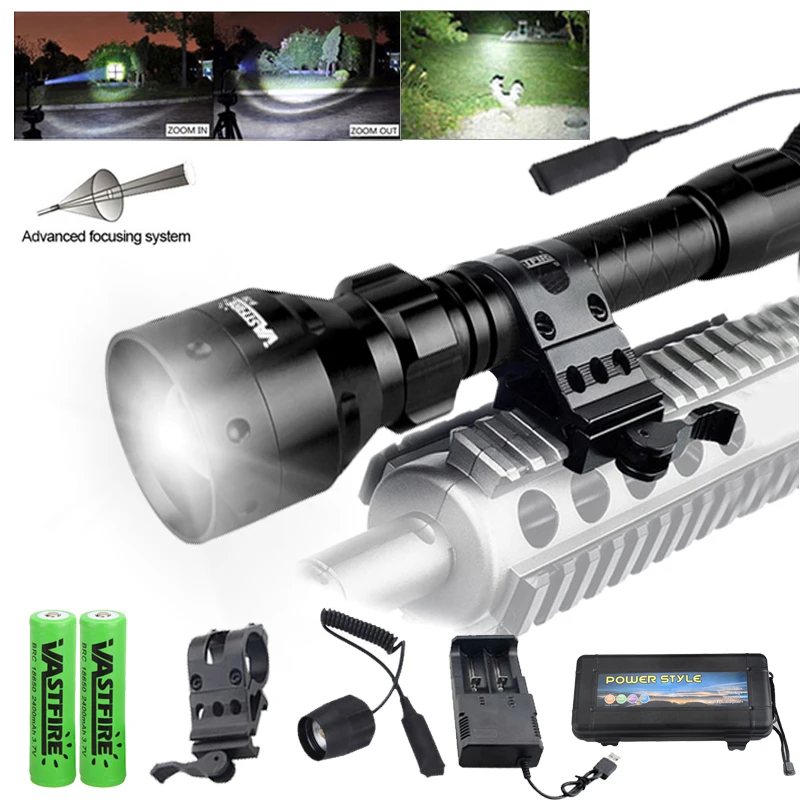 T50 White/Green/Red/IR850 Led Flashlight Tactical Zoomable Hunting Rifle Lantern+18650+Charger+Switch+Rfile Scope Mount+Gift Box