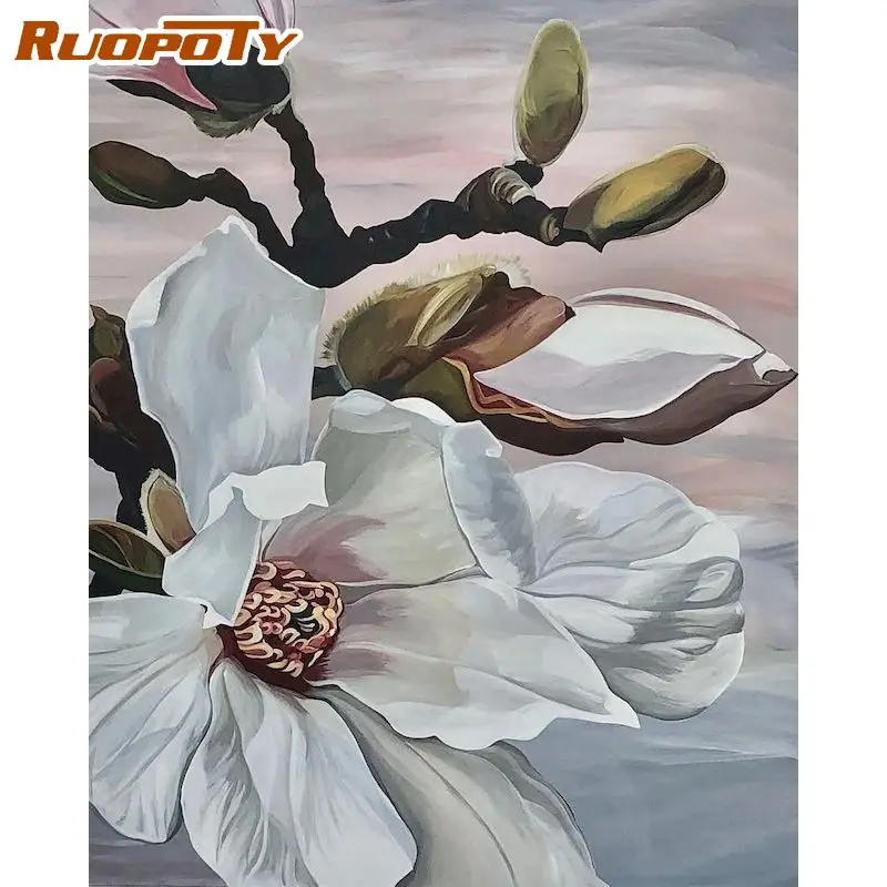 RUOPOTY Picture By Numbers Kits For Adults 60x75cm Frame White Flower Oil Painting By Number Handmade Modern Home Decor Art